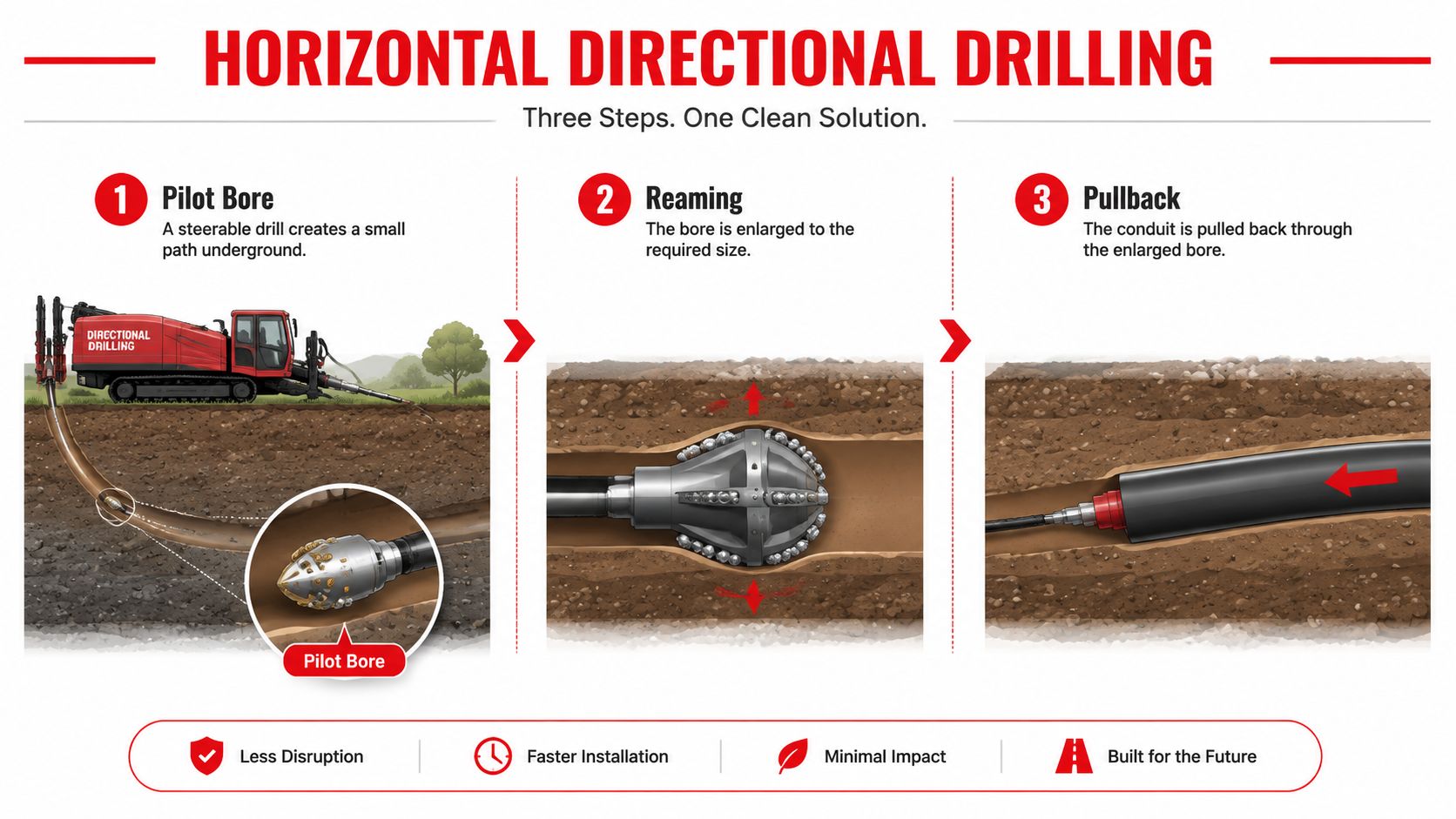 A diagram illustrating the three steps of horizontal directional drilling: pilot bore, reaming, and product pullback.