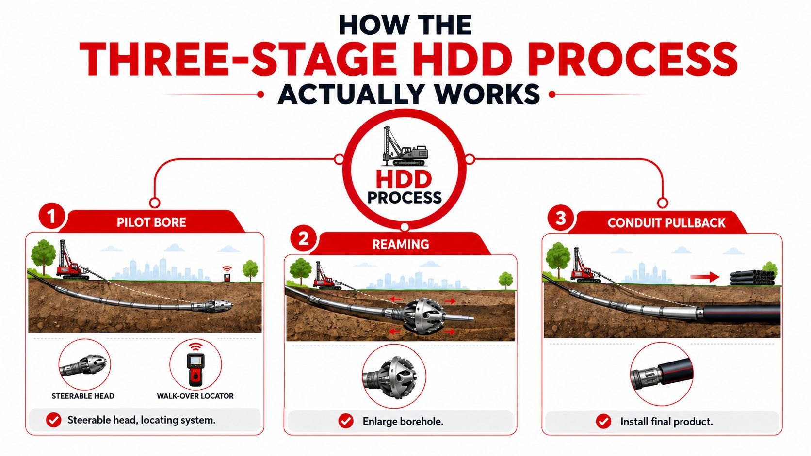 An infographic showing the three-stage horizontal directional drilling process: pilot bore, reaming, and conduit pullback.