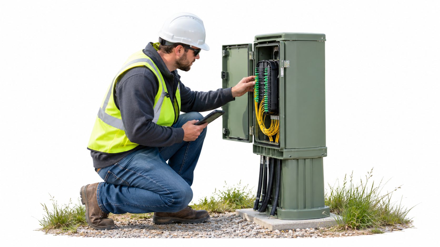 A telecommunications technician wearing a hard hat and high-visibility vest inspects an outdoor fiber optic junction box.