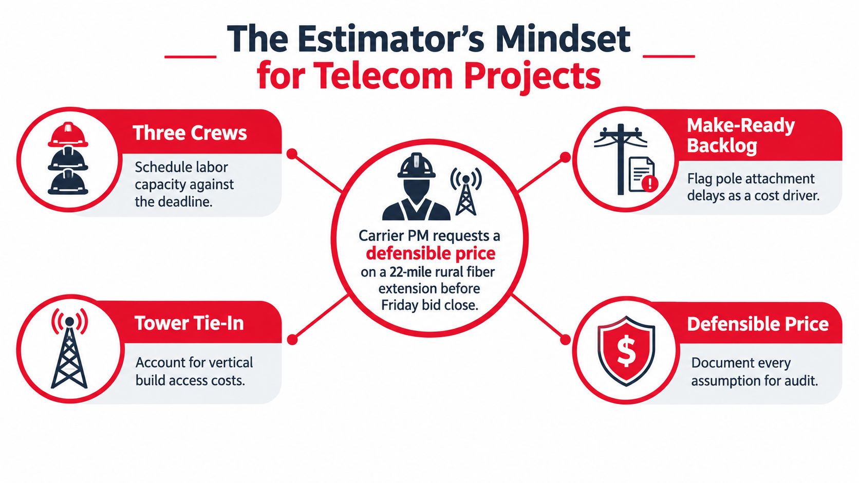 A diagram outlining the estimator's mindset for telecom projects involving labor, backlog, build costs, and pricing.