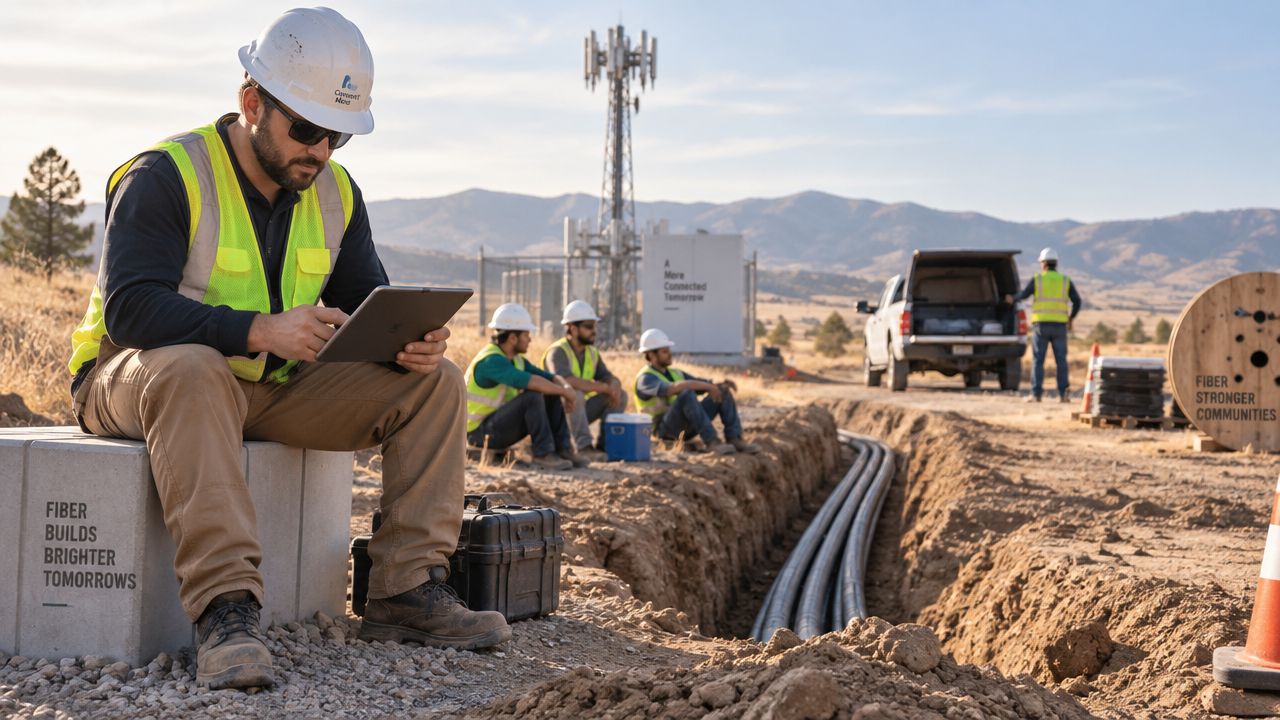 A construction crew works at a fiber optic installation site with a worker analyzing data on a tablet.