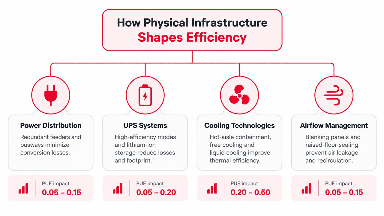 A diagram illustrating how power distribution, UPS systems, cooling technologies, and airflow management affect data center PUE efficiency.