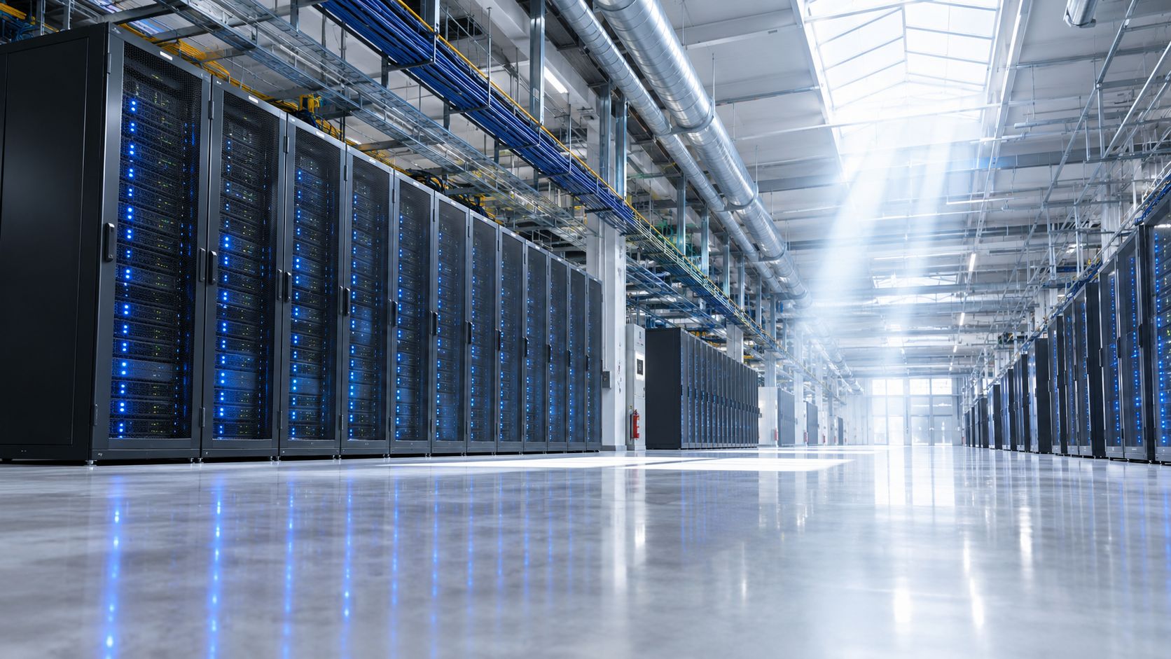 Rows of advanced server racks inside a bright, modern data center facility with high industrial ceilings.