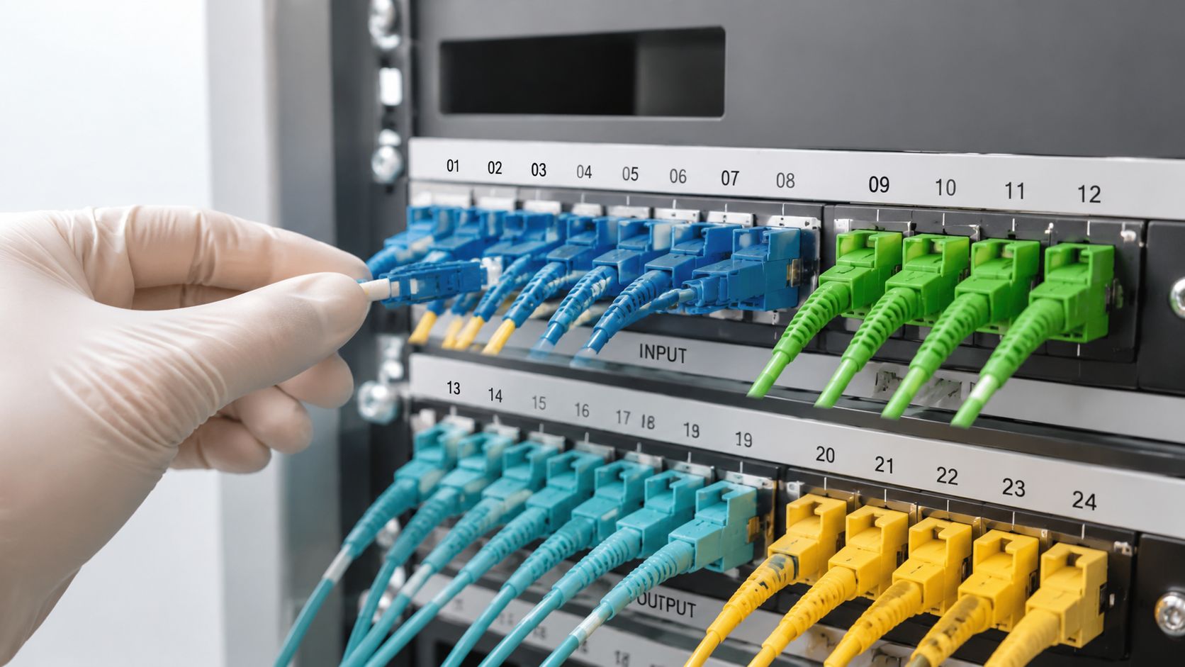 A gloved hand inserting a blue fiber optic cable into a network patch panel in a rack.