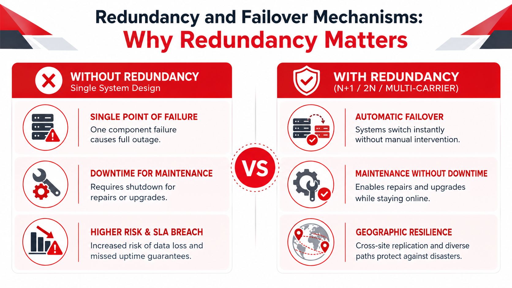 A comparison chart showing the benefits of system redundancy versus single point of failure designs.