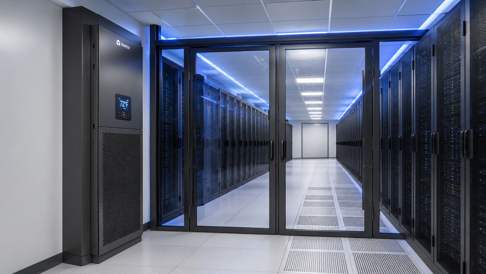 A modern data center aisle featuring server racks, a Vertiv cooling unit, and bright LED ceiling lighting.