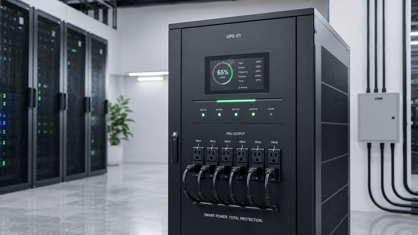A black uninterruptible power supply unit for data center infrastructure featuring a digital status display monitor.