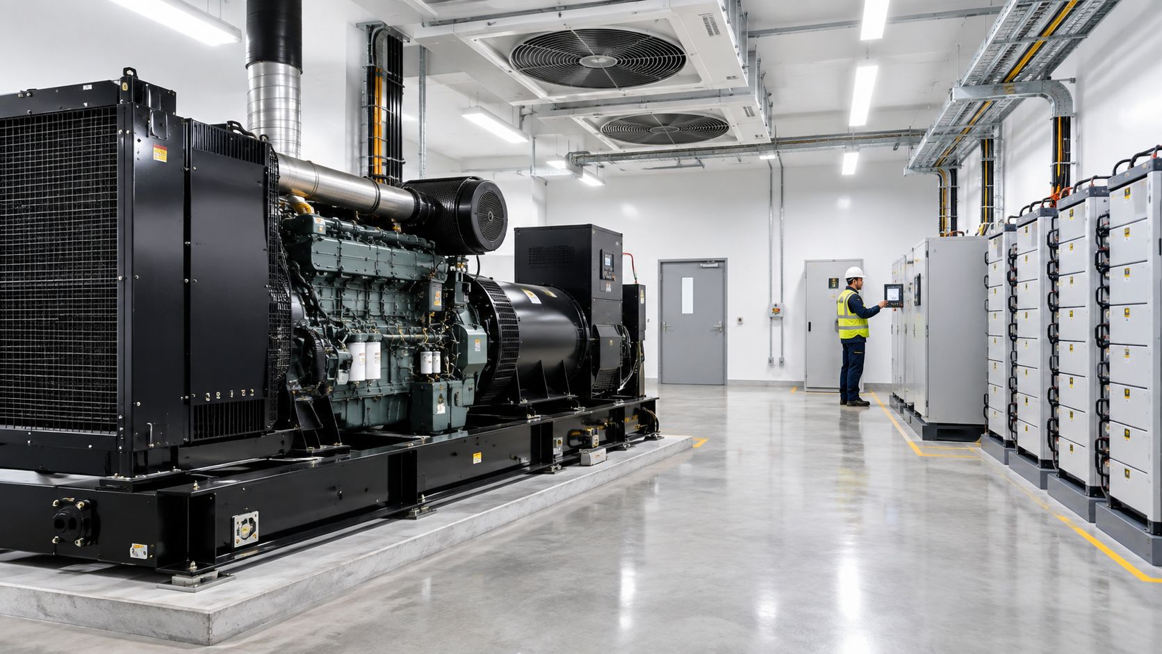 A technician wearing a high-visibility vest and hard hat works on a large industrial backup power generator.
