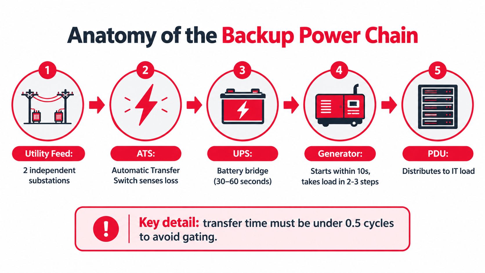 A diagram illustrating the anatomy of a data center backup power chain from utility to IT.