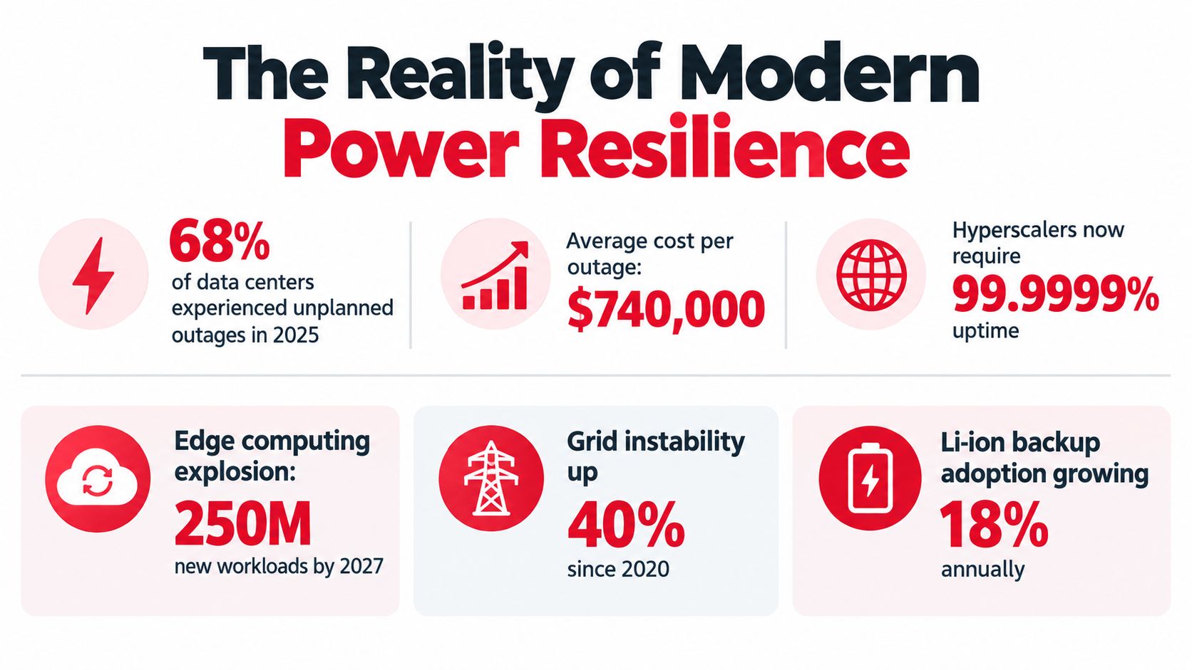 An infographic titled The Reality of Modern Power Resilience showing data center outage costs and growth statistics.