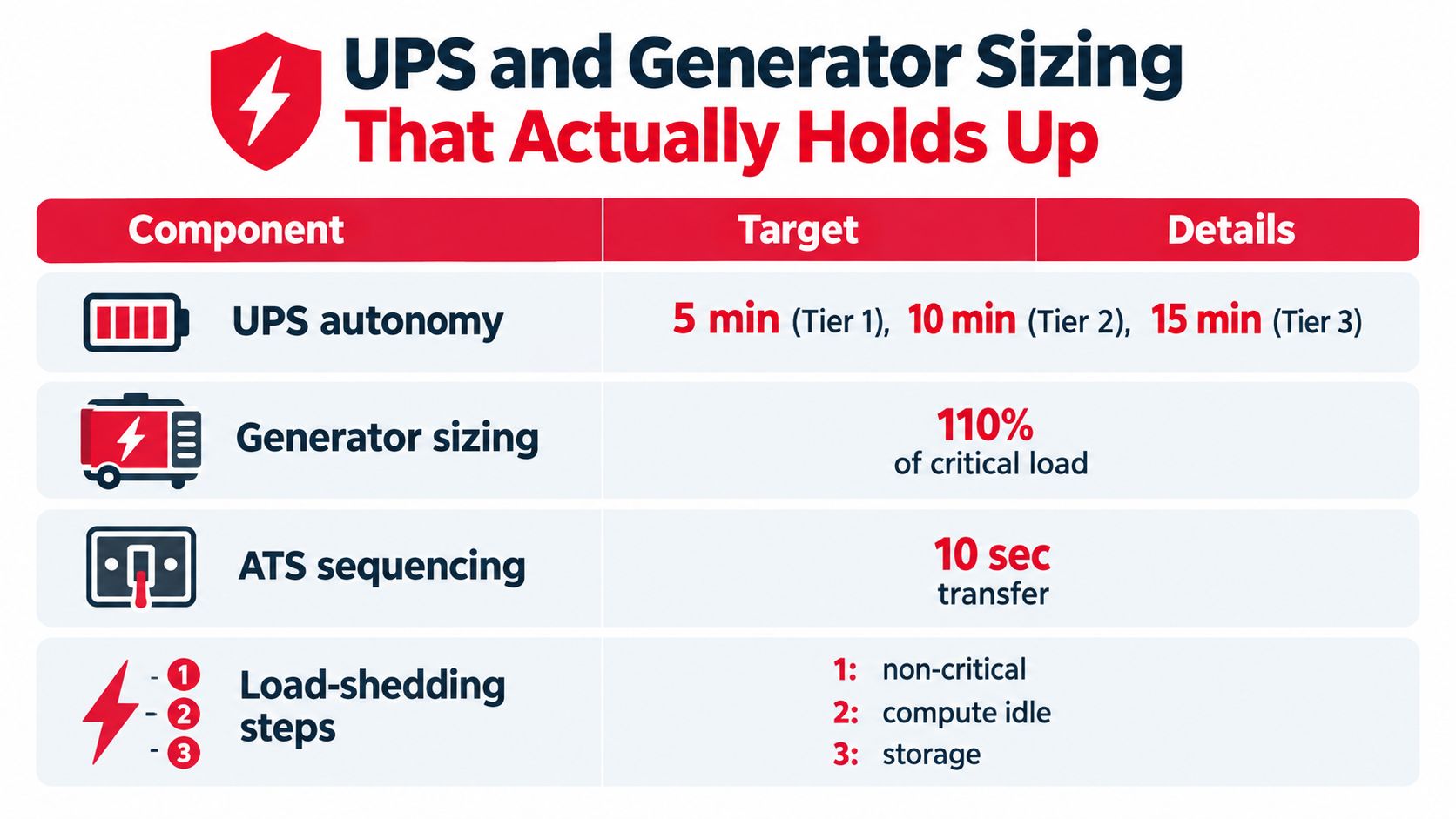 A chart detailing data center power requirements for UPS autonomy, generator sizing, ATS sequencing, and load-shedding steps.
