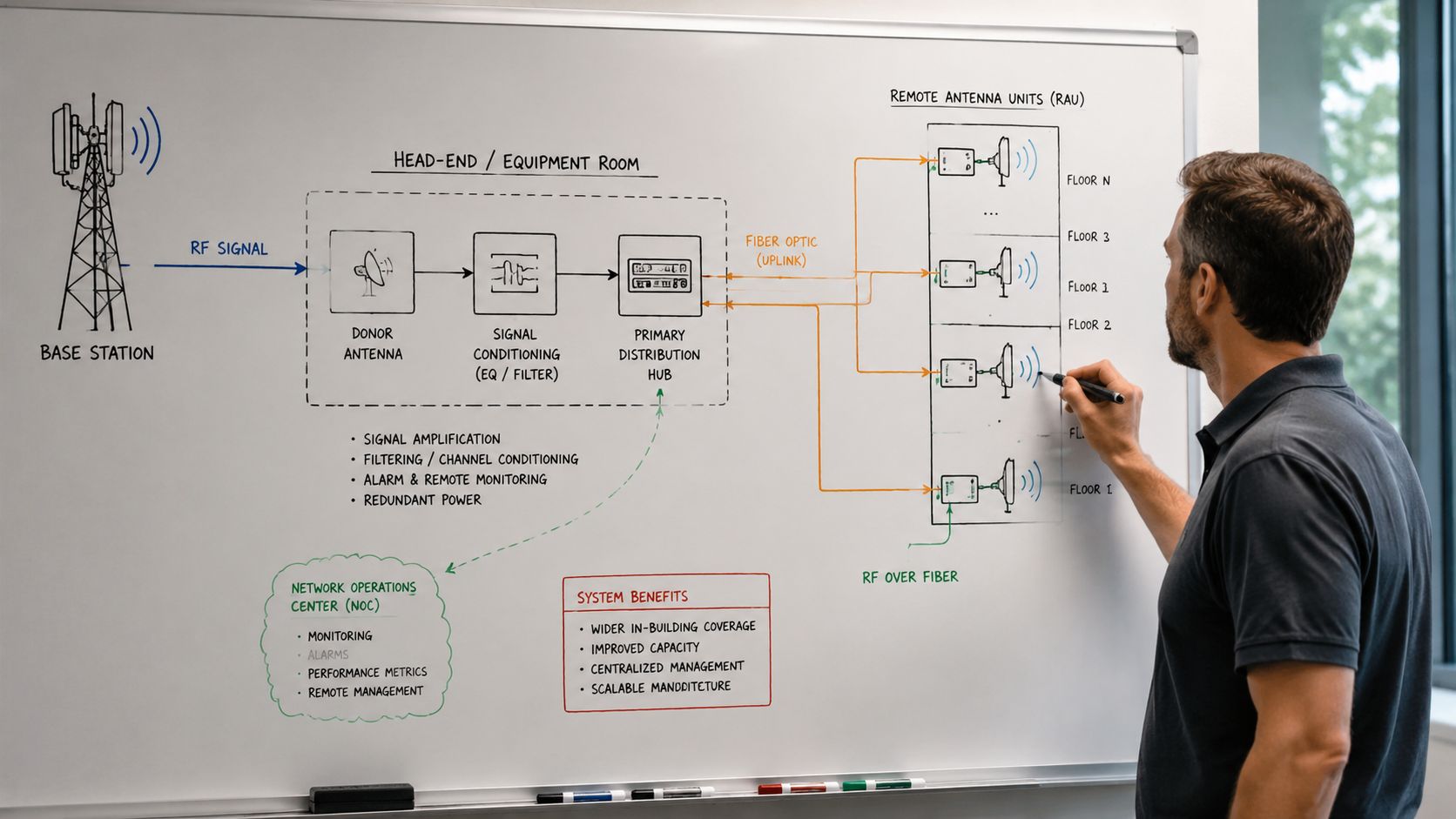A professional drawing a diagram of a Distributed Antenna System on a whiteboard for educational purposes.