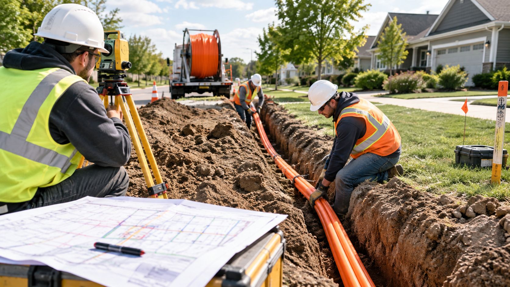 Construction workers installing fiber optic cables in a residential trench while an engineer surveys the site.