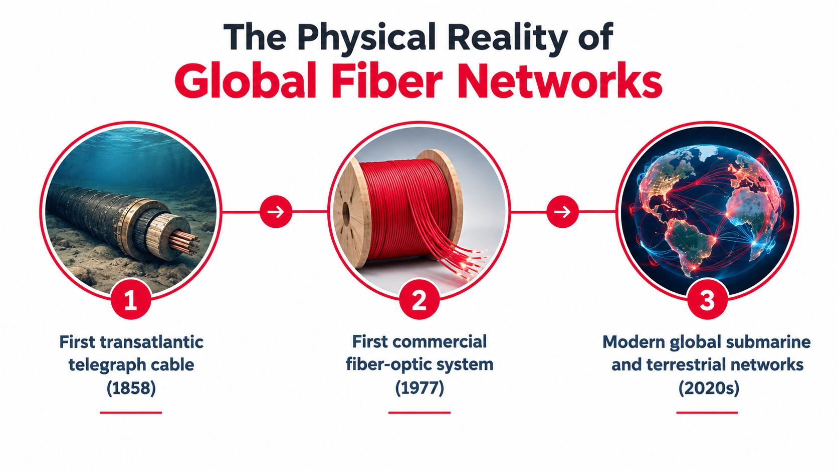 A timeline graphic showing the evolution from the 1858 telegraph cable to modern global fiber optic networks.
