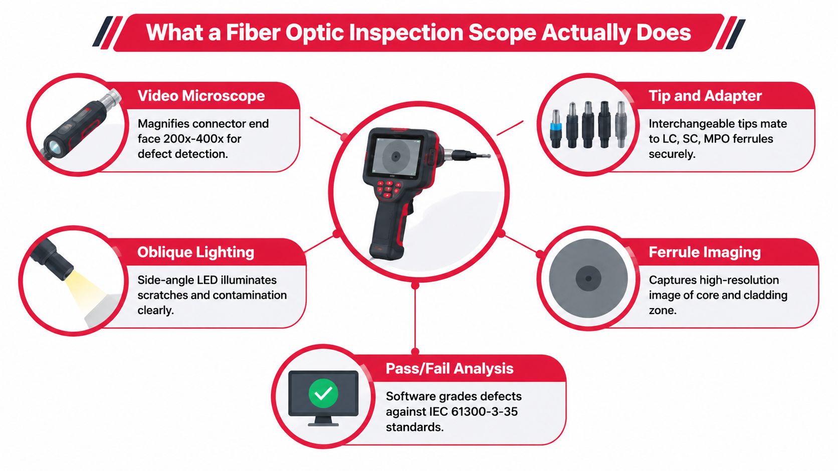 A diagram illustrating the key components and functional capabilities of a portable fiber optic inspection scope device.