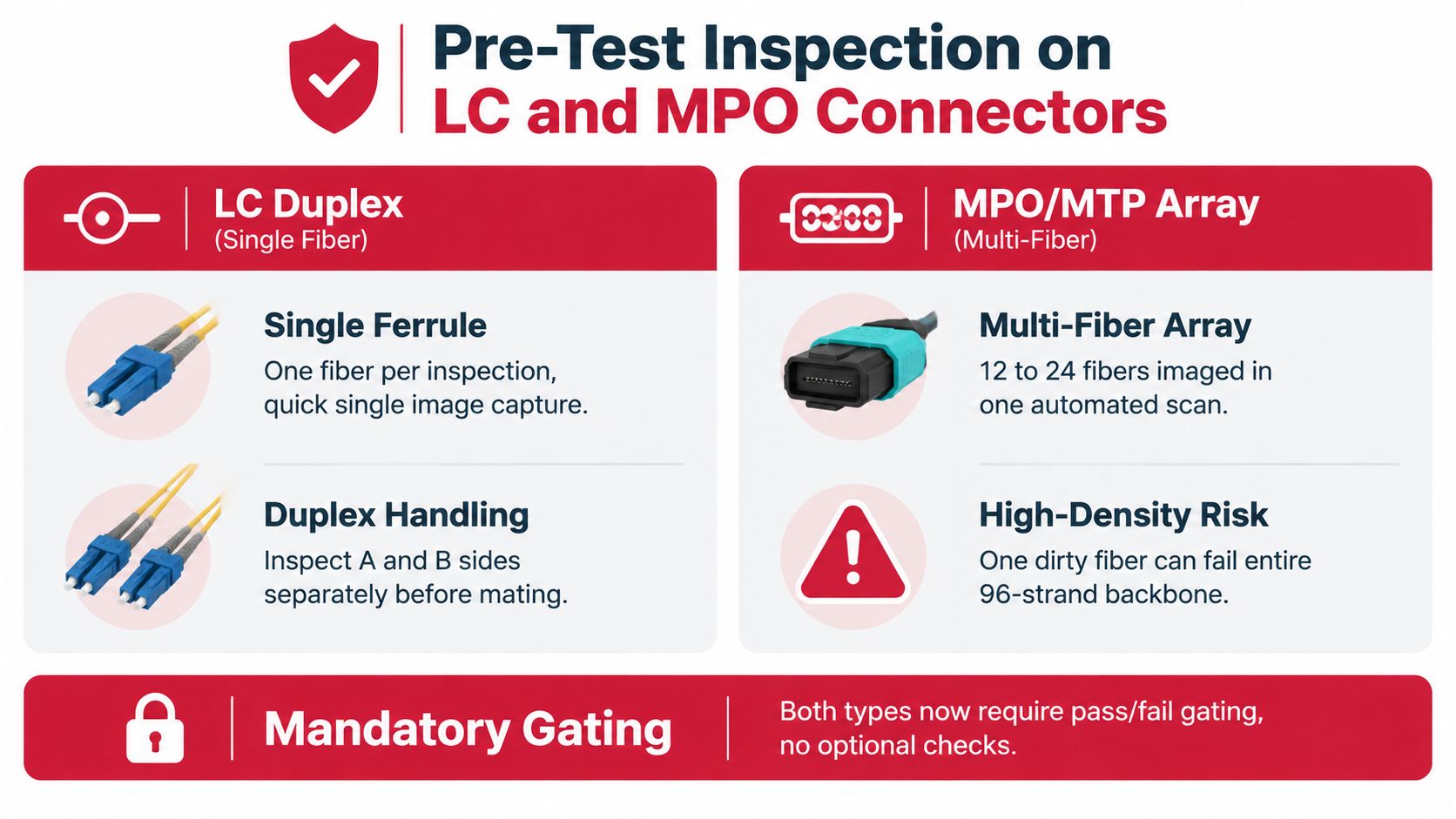 An infographic detailing pre-test inspection requirements for LC duplex and MPO/MTP multi-fiber optic connectors.