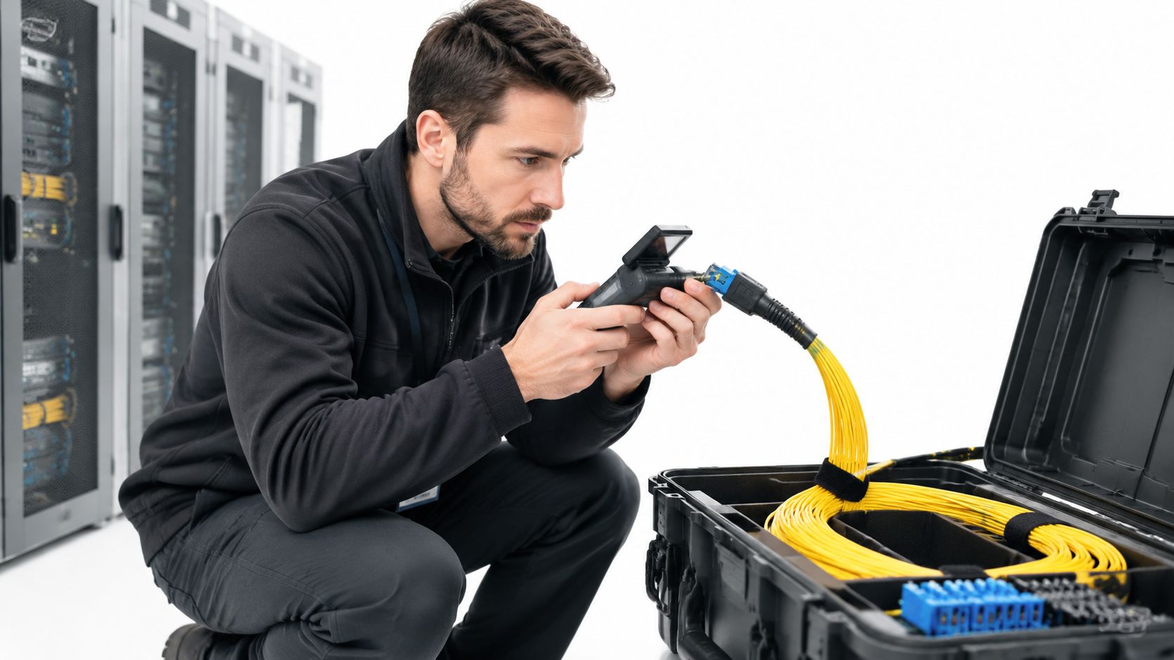 A technician using a fiber optic inspection scope to inspect a yellow fiber optic cable connector