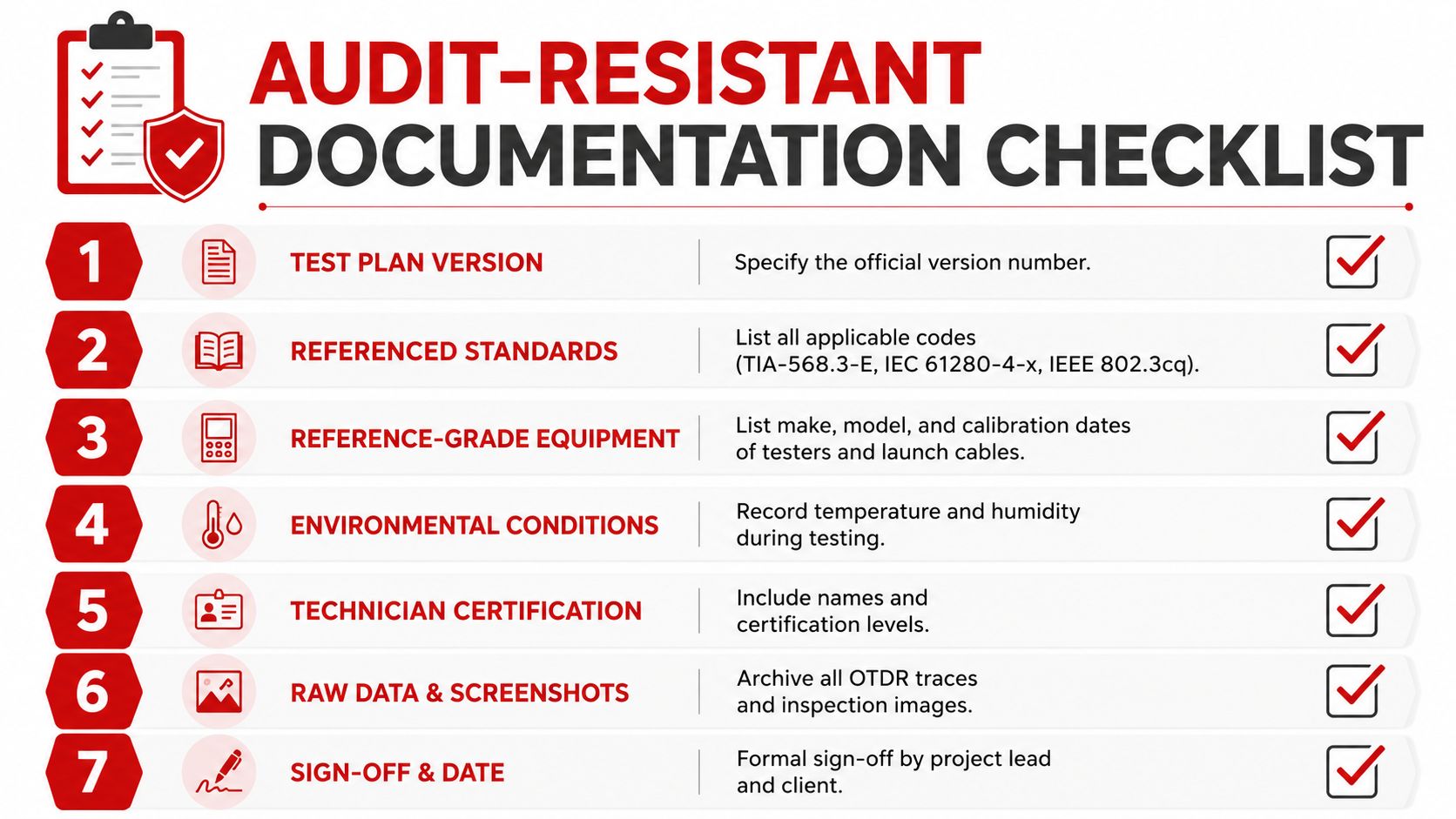 A seven-step checklist for audit-resistant fiber optic testing documentation, featuring technical requirements for network compliance.