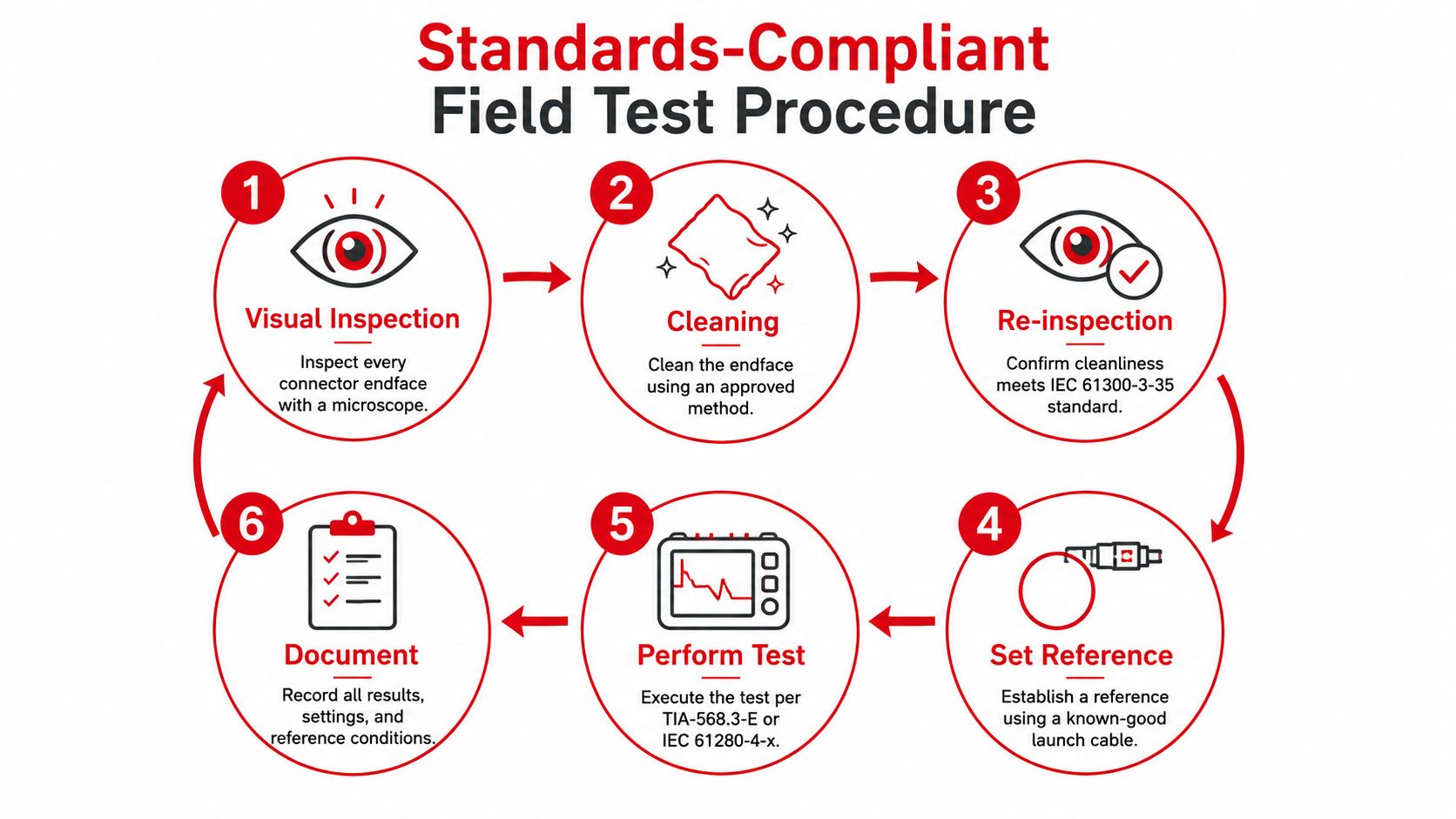 A six-step infographic illustrating the standards-compliant field test procedure for fiber optic cables and connectors.