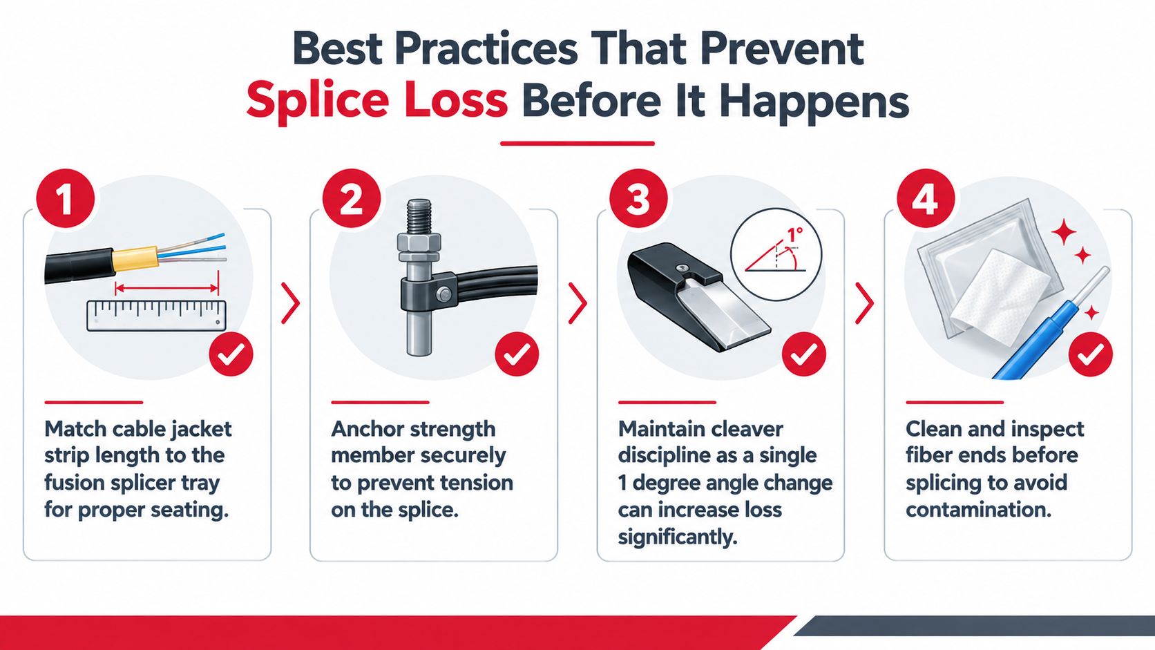 An infographic showing four best practices to prevent fiber optic cable splice loss during installation.