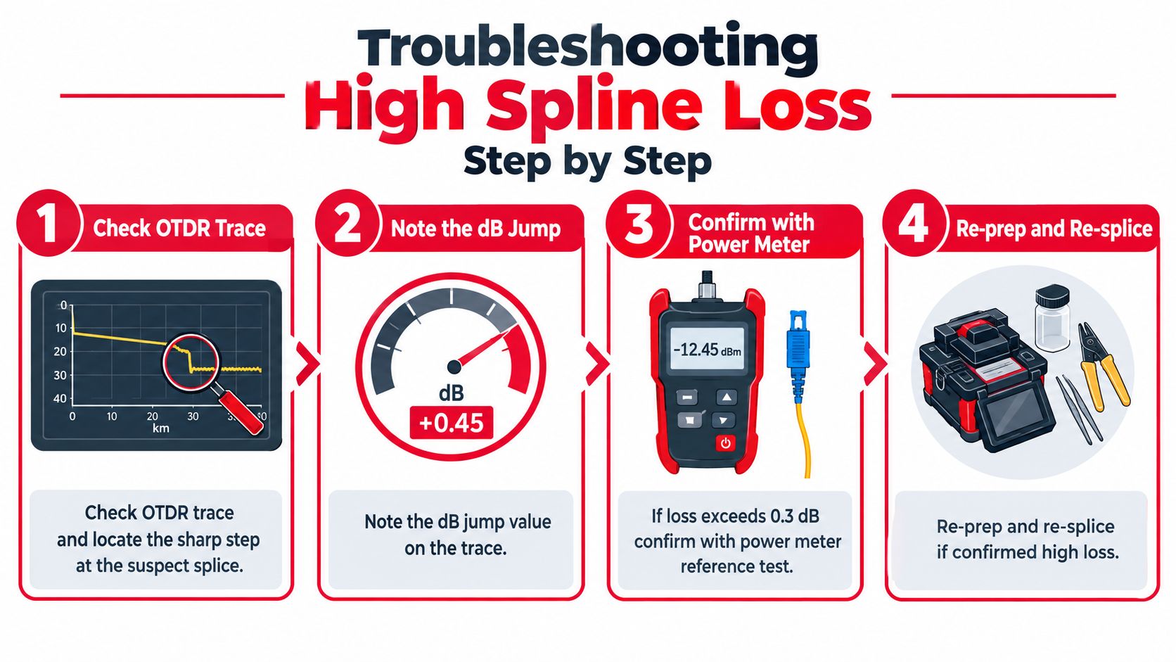 A step by step infographic illustrating how to troubleshoot high fiber optic splice loss using testing equipment.