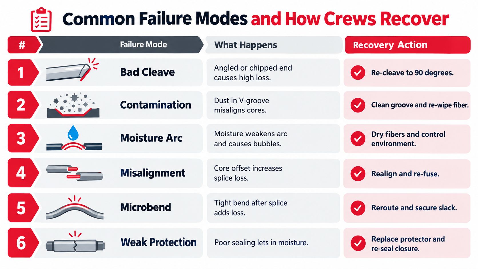 A chart illustrating six common fiber splicing failure modes, their causes, and the recommended recovery actions.