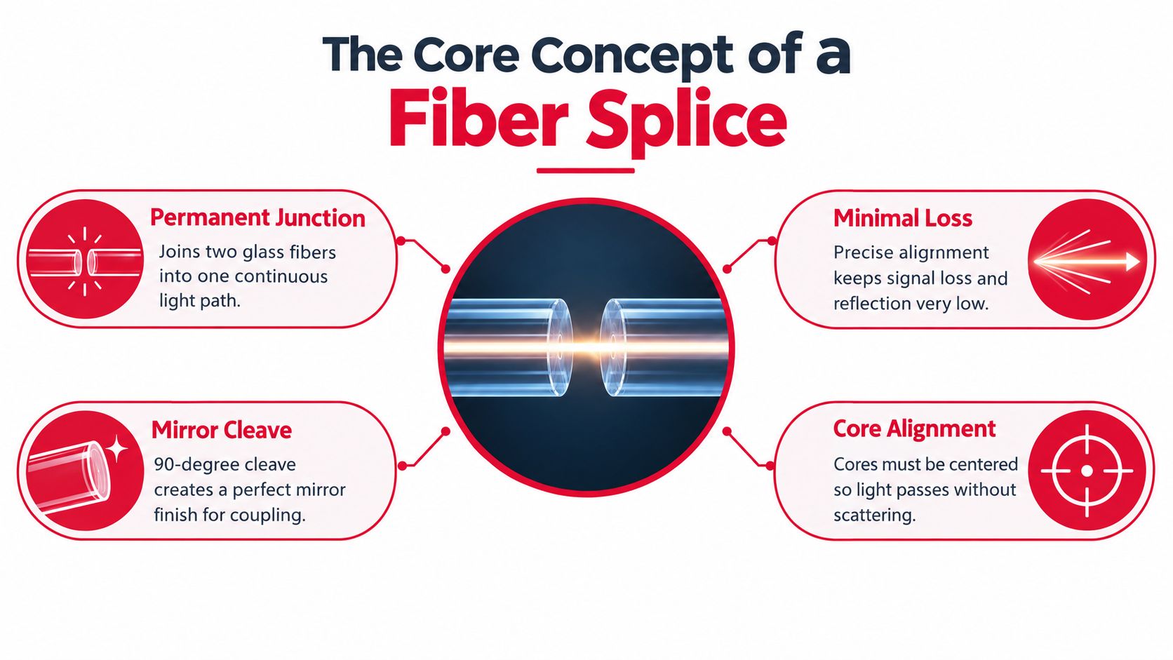 An infographic titled The Core Concept of a Fiber Splice explaining permanent junction, mirror cleave, minimal loss, and core alignment.