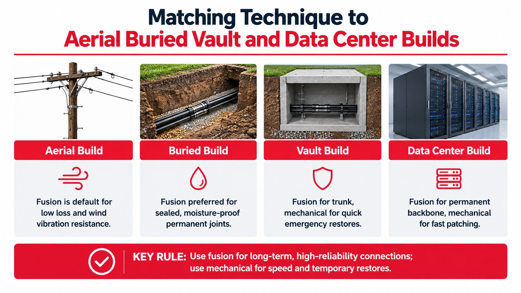 A guide illustrating appropriate fiber splicing techniques for aerial, buried, vault, and data center network infrastructure deployments.