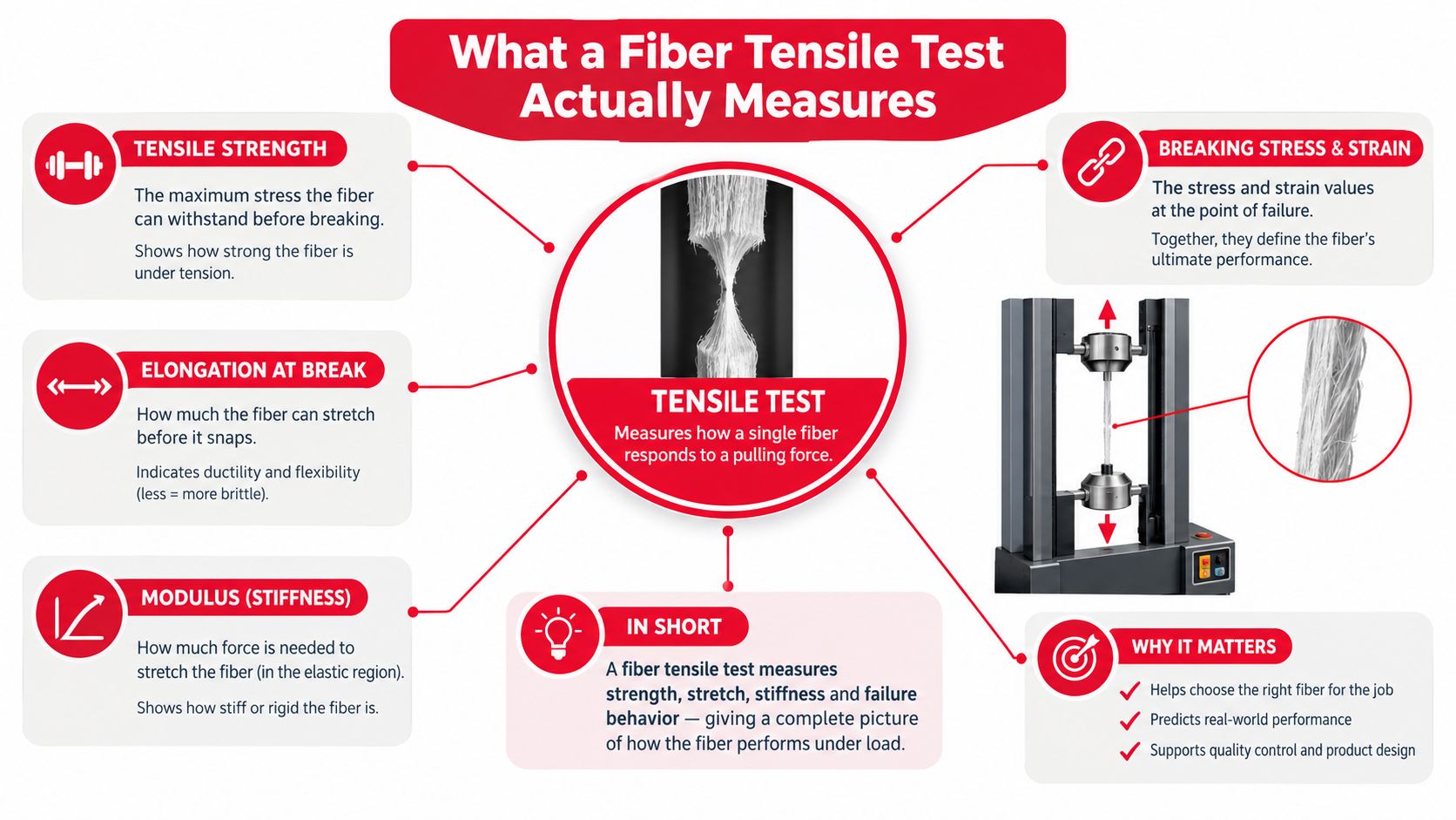 An infographic explaining how a fiber tensile test measures strength, elongation, stiffness, and failure behavior under load.