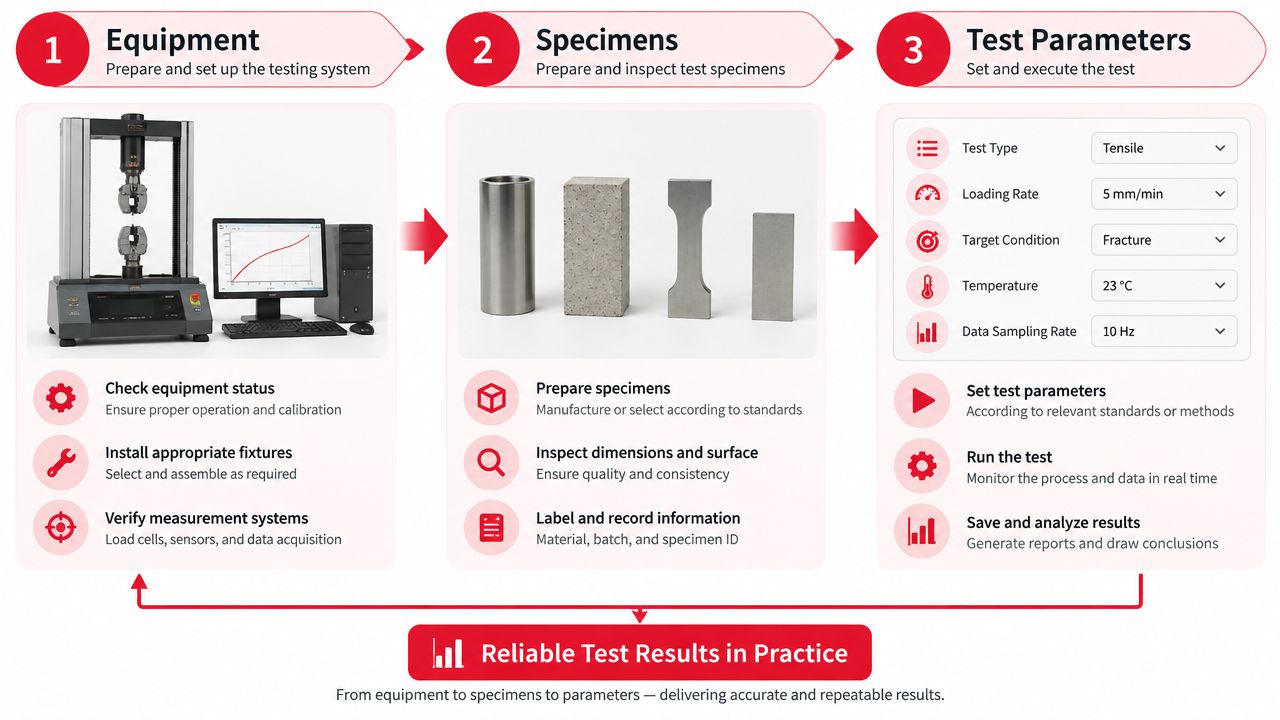 A diagram illustrating the three-step process for performing a material tensile test using laboratory equipment.