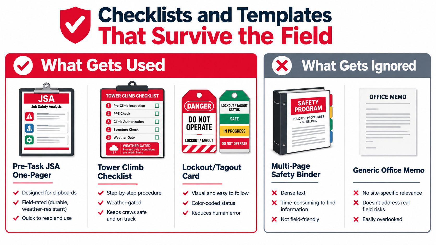 A comparison chart showing effective safety checklists and templates versus ineffective, ignored office-based safety documentation.