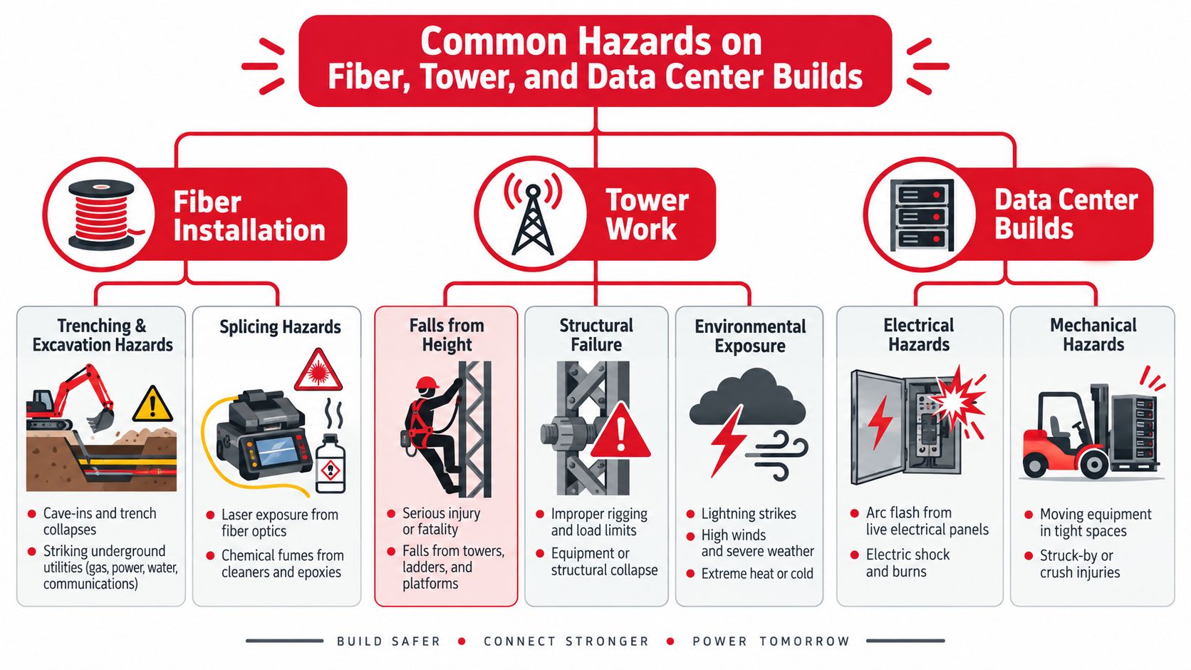 An infographic detailing common safety hazards during fiber installation, tower work, and data center building projects.