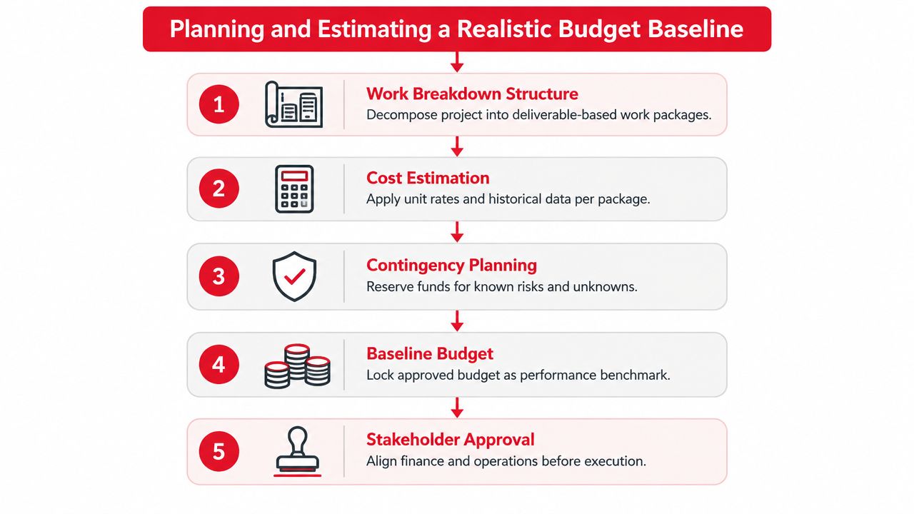 A flow chart illustrating five steps to plan and estimate a realistic project budget baseline.