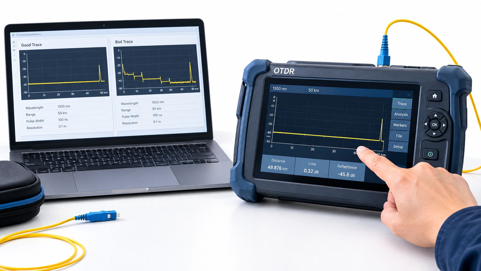 A technician testing fiber optic cables using an OTDR device next to a laptop with test software.