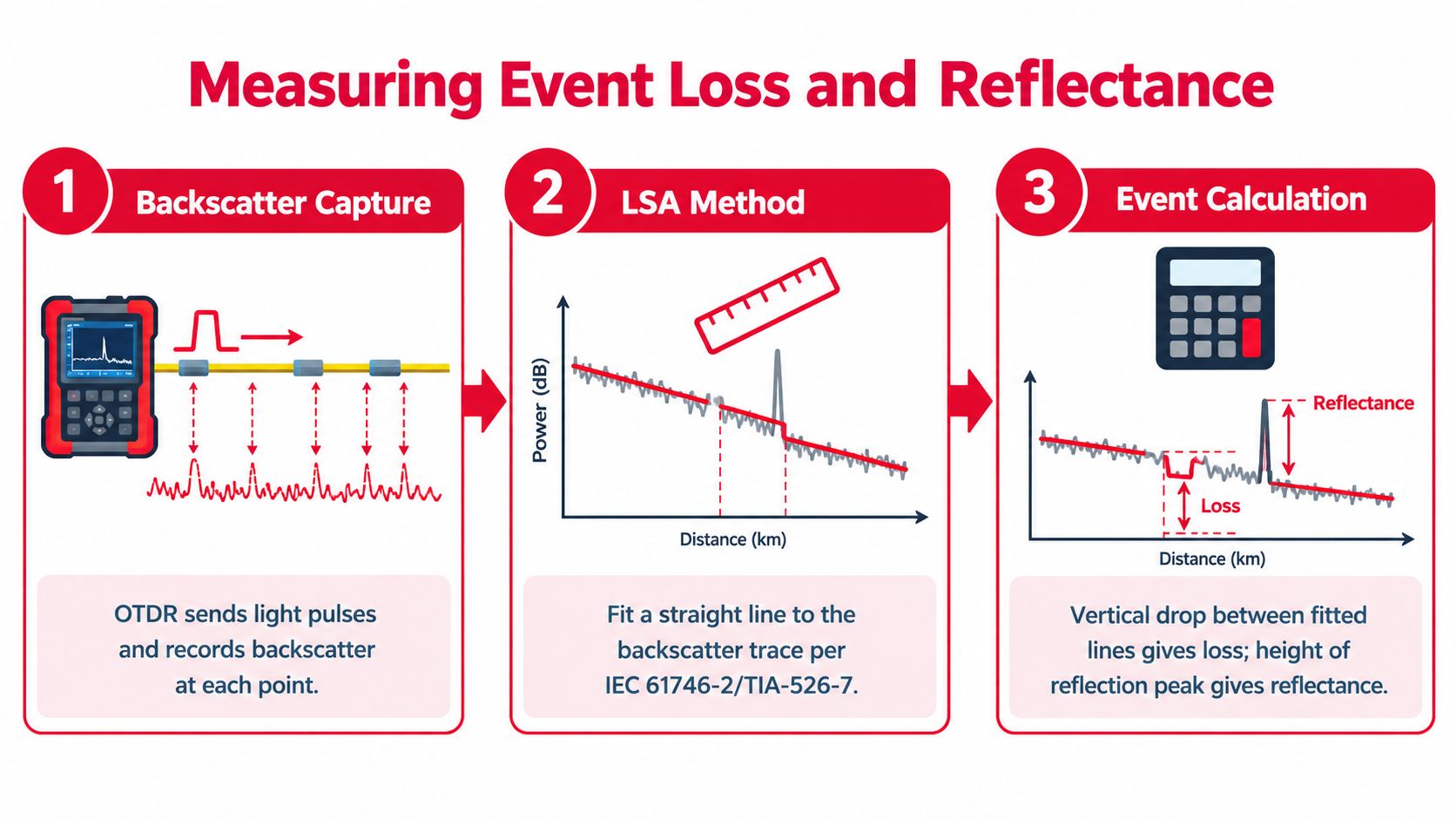 A three-step diagram illustrating the process of measuring fiber optic event loss and reflectance using an OTDR.