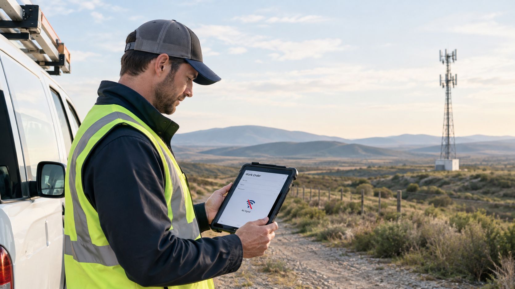 A technician holding a tablet displaying no signal while working near a remote cell tower location.