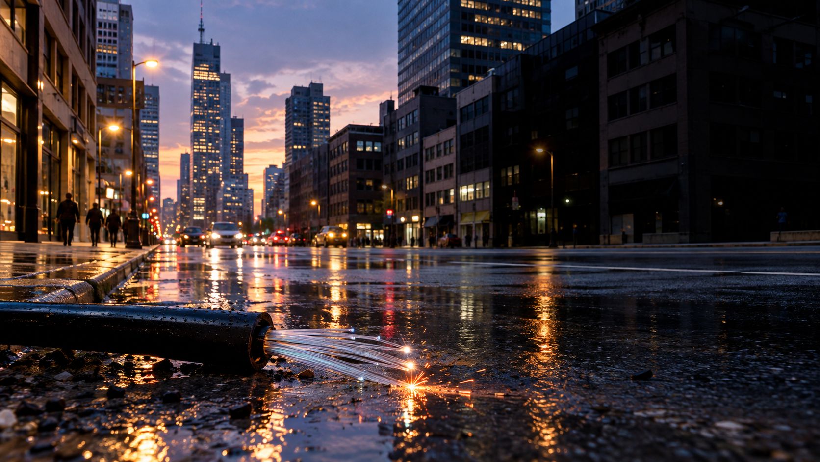 A fiber optic cable with glowing strands on a wet city street at sunset.