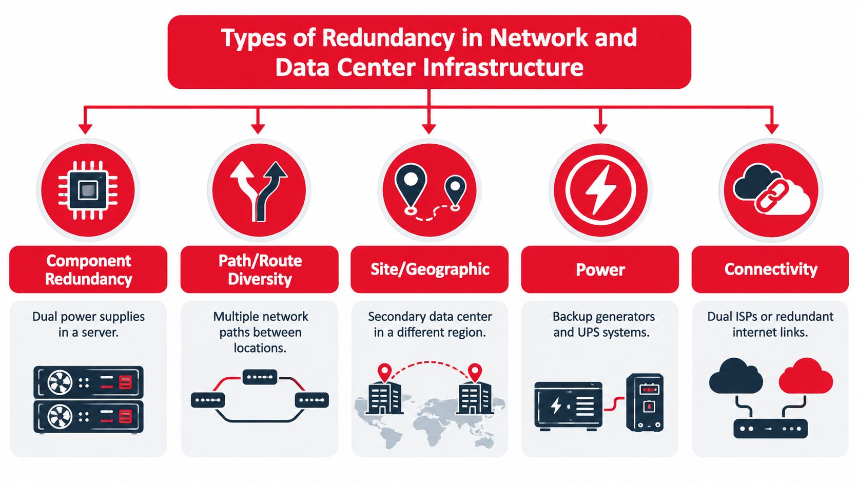 A diagram illustrating the five key types of redundancy in network and data center infrastructure.