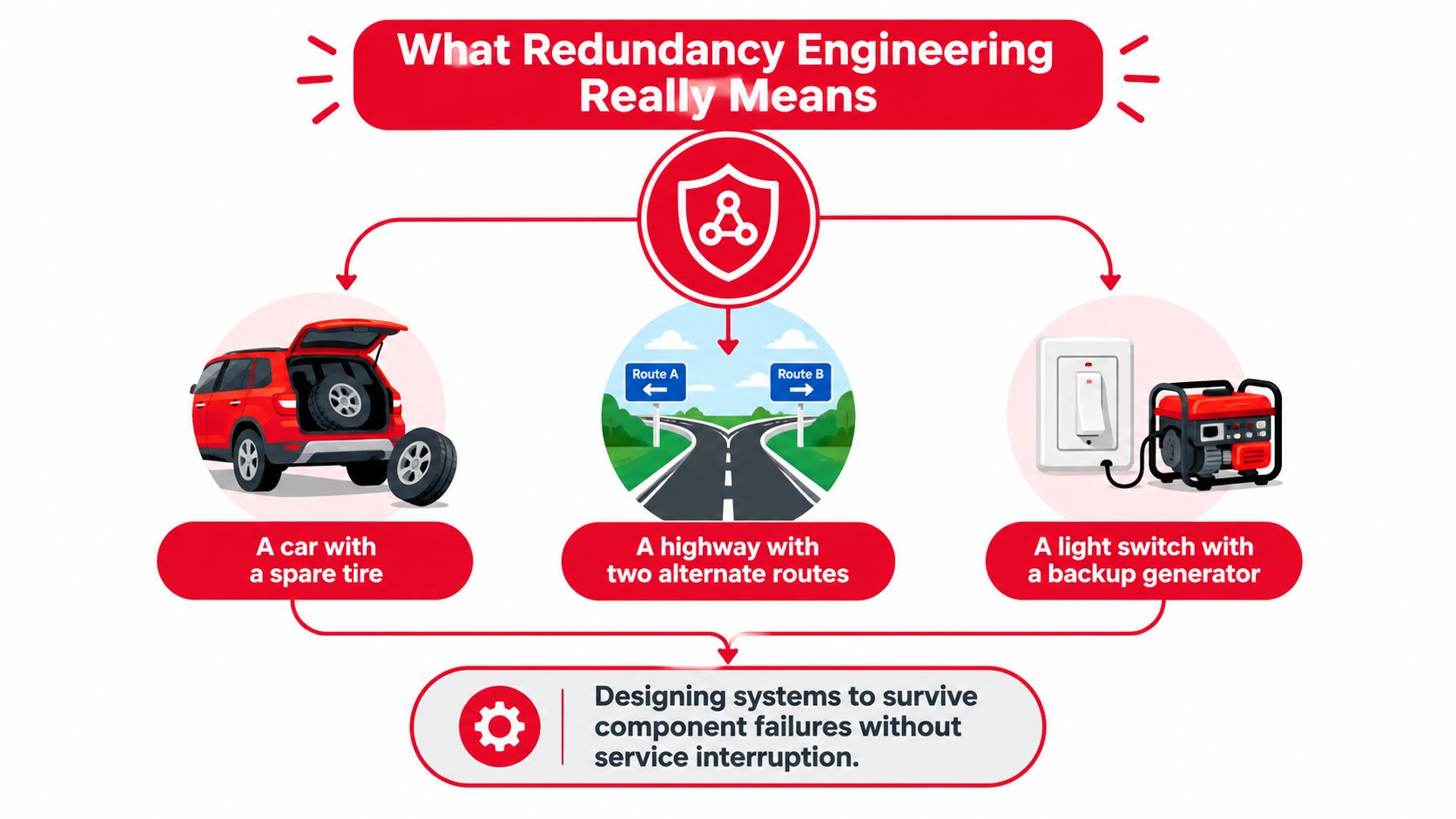 An infographic illustrating redundancy engineering with examples like a spare tire, alternate routes, and a backup generator.