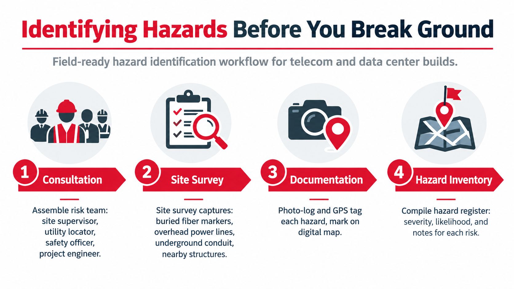 An infographic showing a four-step workflow for identifying construction hazards before breaking ground on site projects.