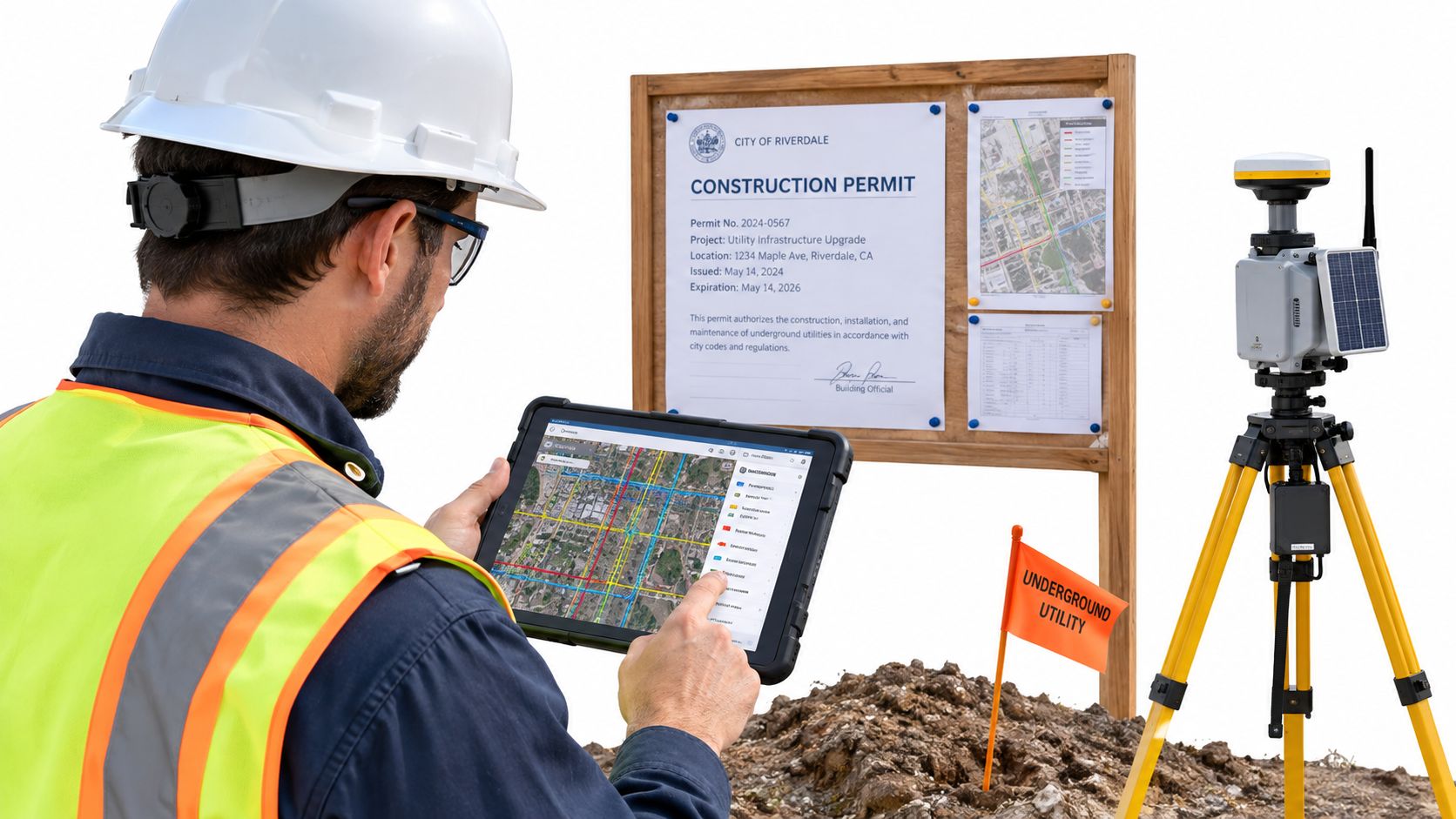 A construction surveyor using a tablet to conduct a site inspection near a permit and surveying equipment.