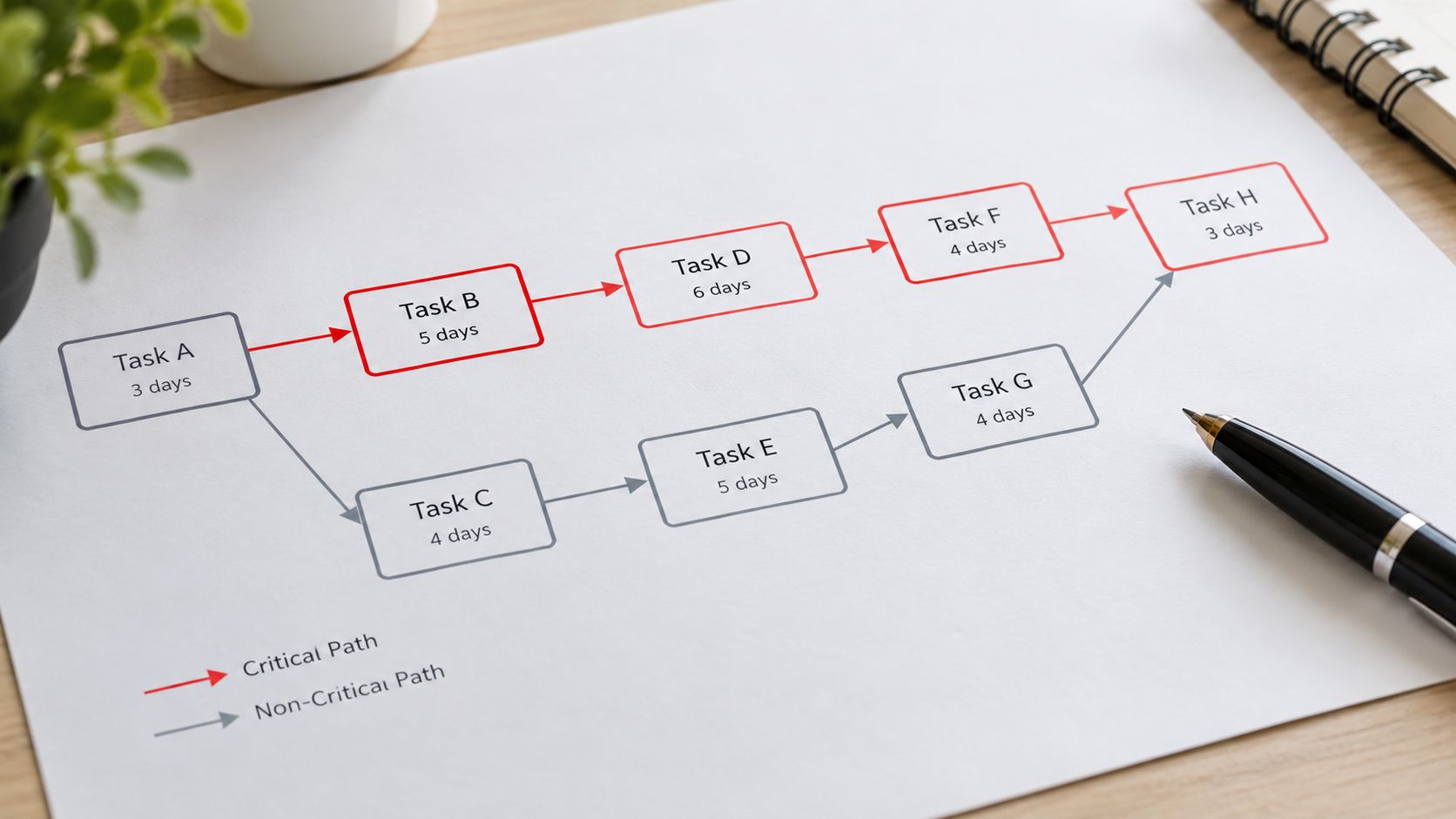 A diagram illustrating a project management critical path method with tasks and durations on paper.