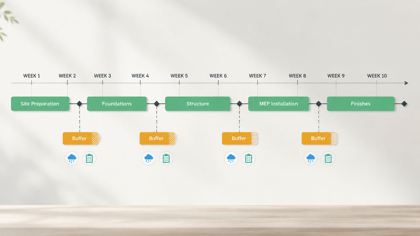A ten-week construction project timeline chart showing sequential task phases, safety buffers, and risk assessment icons.