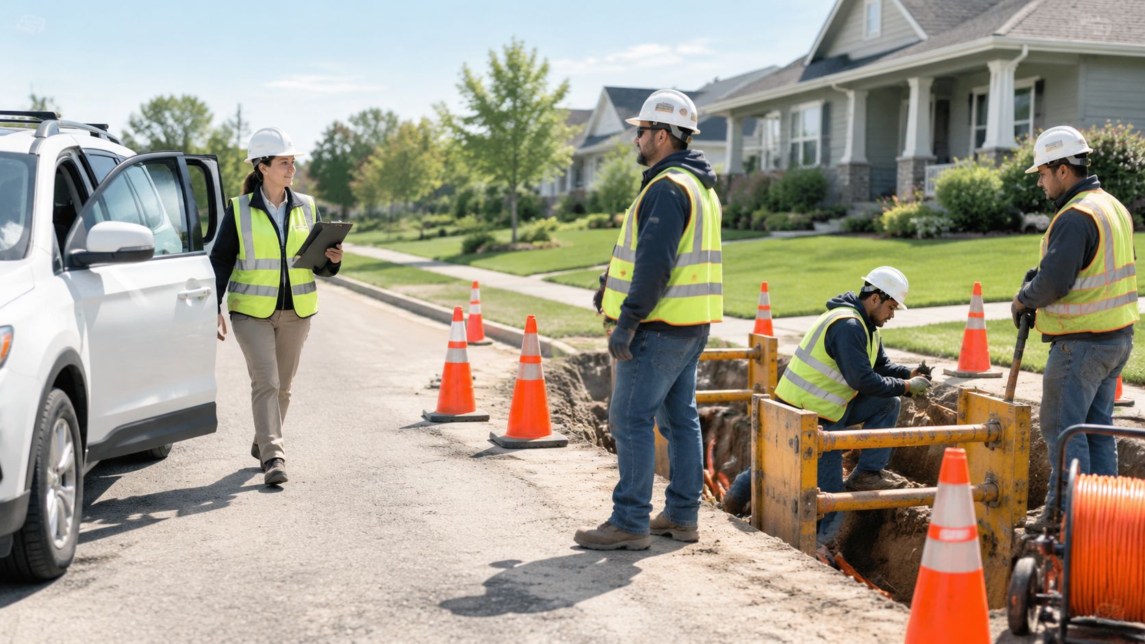 A professional woman inspects a residential construction site while three utility workers perform maintenance work in a trench.
