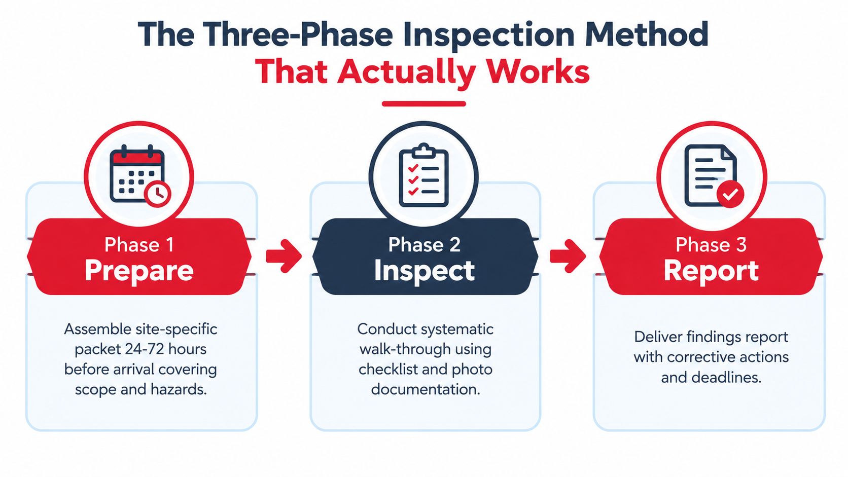 A graphic diagram outlining the Three-Phase Inspection Method for site safety, including prepare, inspect, and report phases.