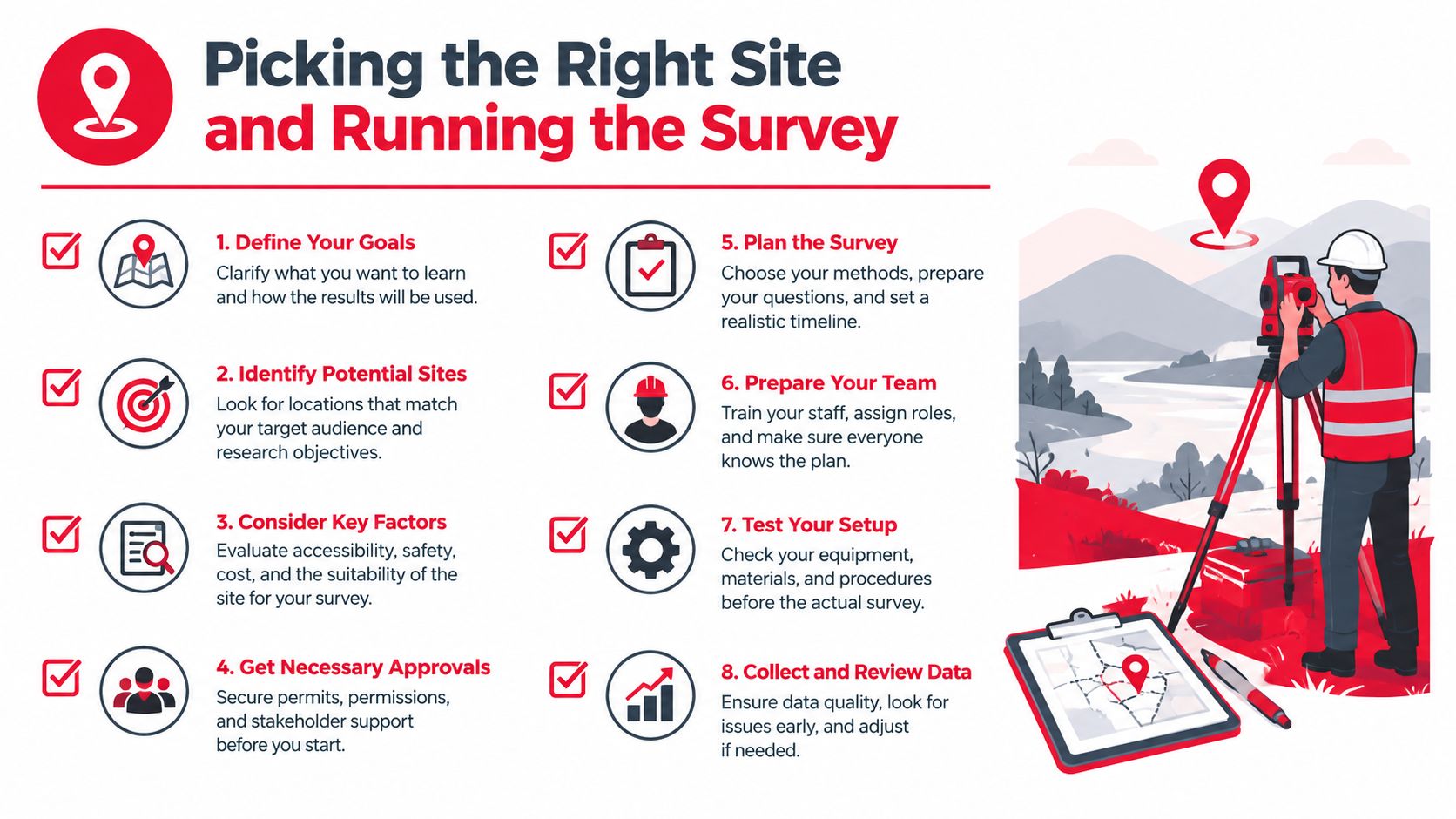 A professional infographic outlining eight key steps for site selection and conducting a successful field survey.