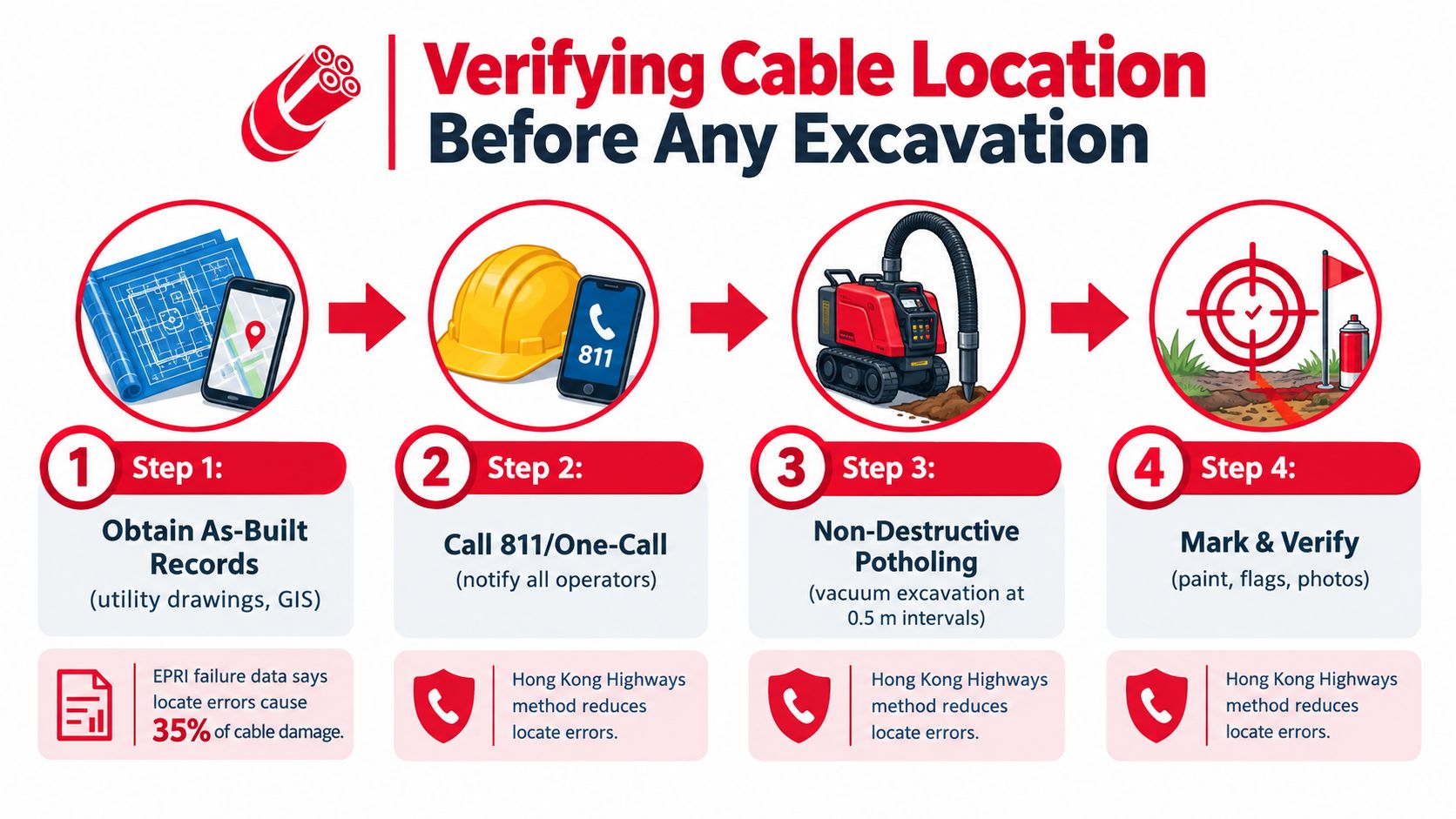 A four-step infographic illustrating the professional process for verifying underground cable locations before beginning any excavation work.