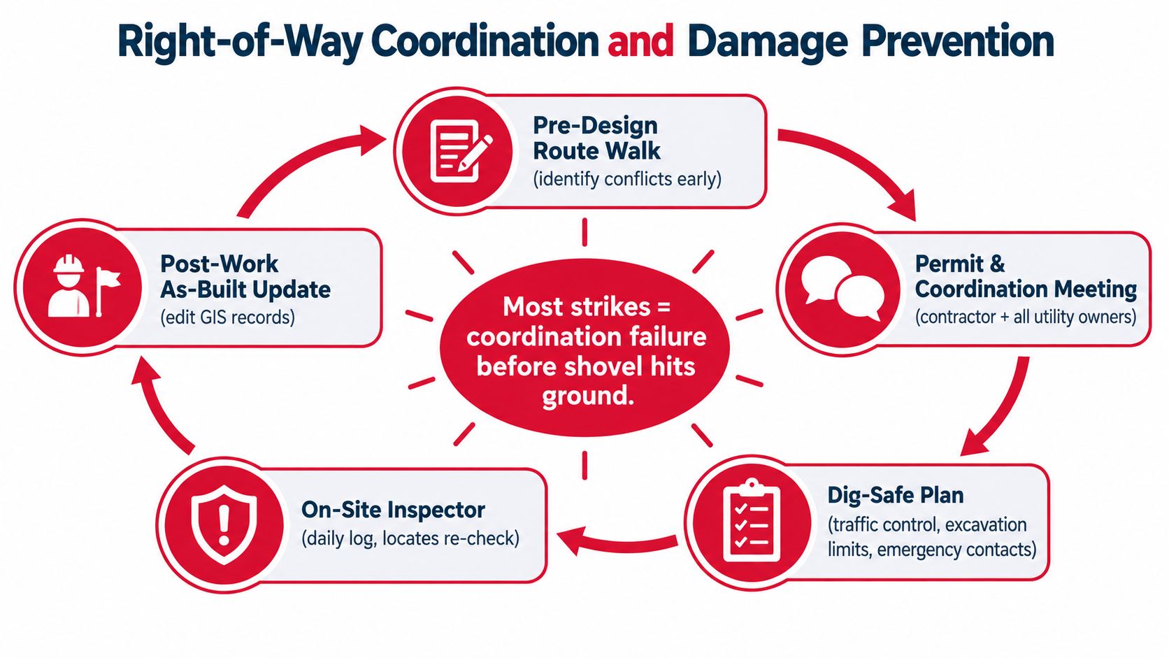 A cyclical process diagram illustrating right-of-way coordination steps for utility construction to prevent excavation damage.