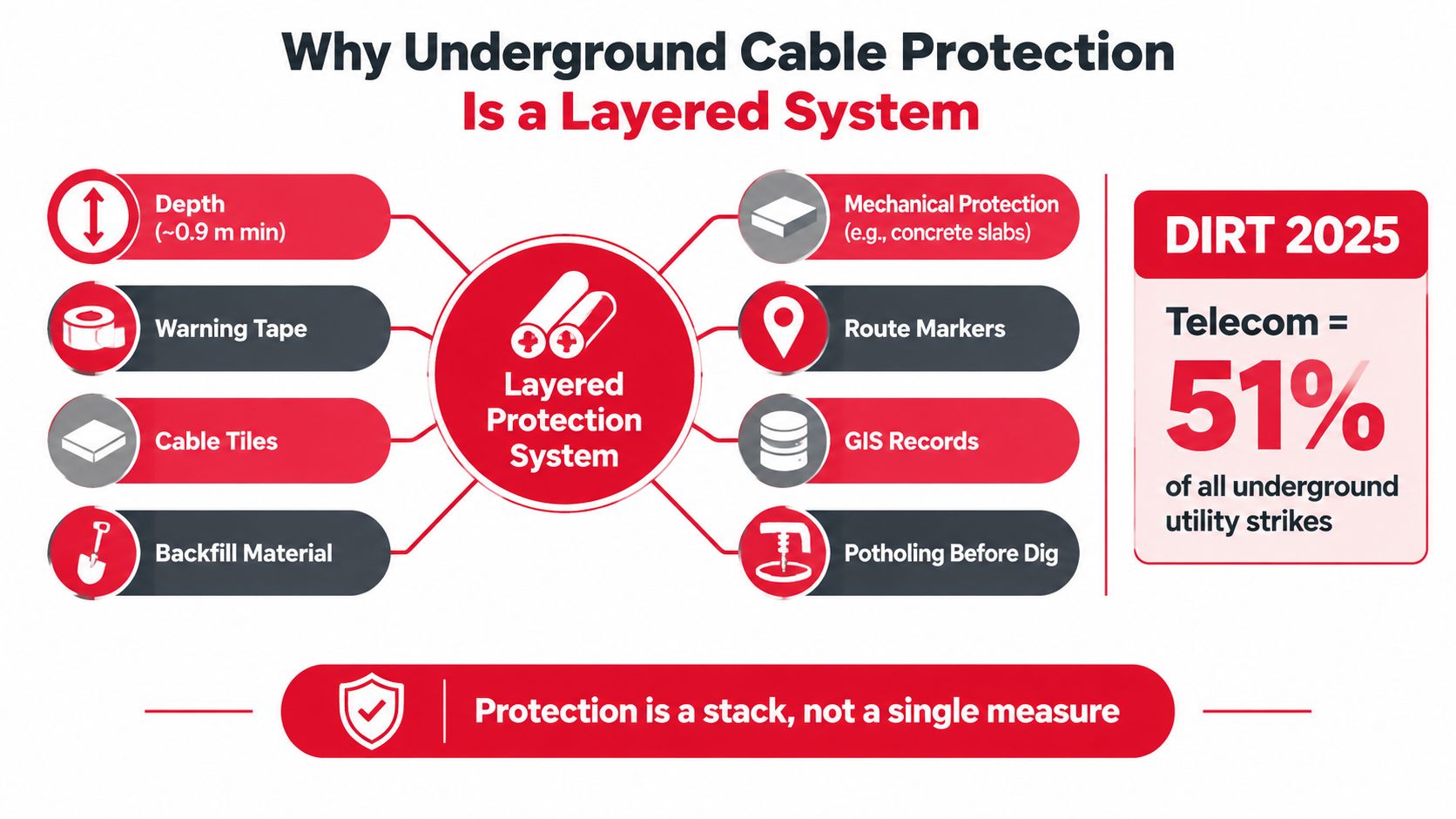 An infographic showing the layered system of underground cable protection methods and utility strike statistics.
