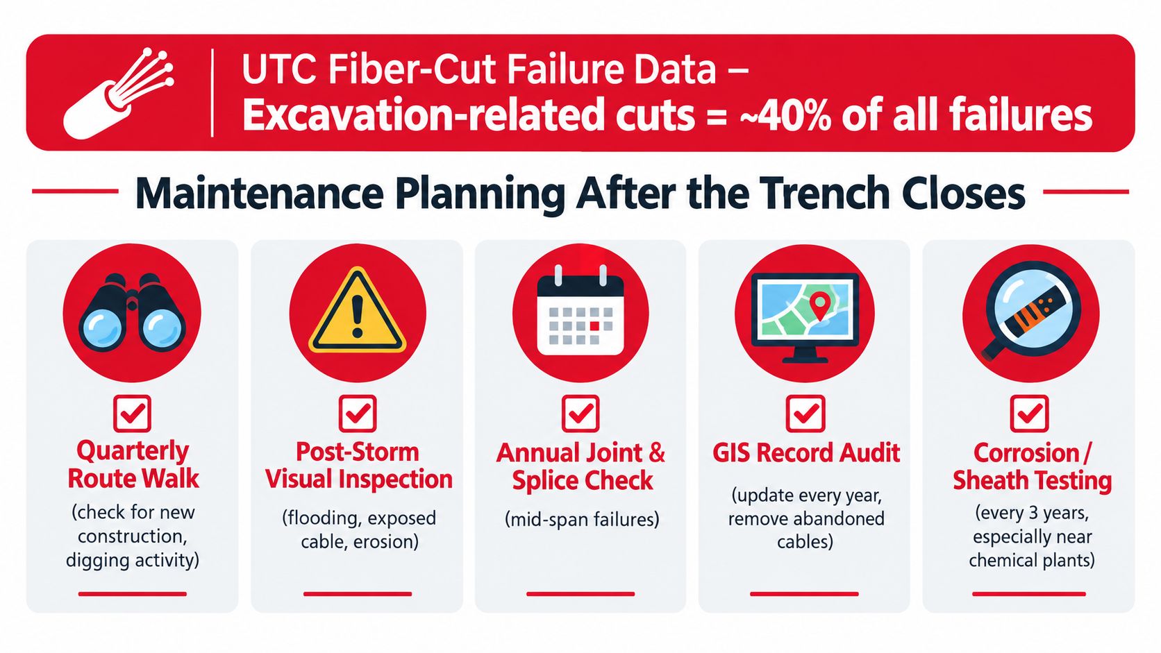 A maintenance planning infographic for fiber optics detailing post-trench closure inspections and risk reduction strategies.